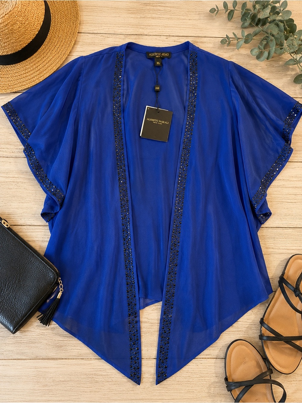 NWT Alberto Makali Royal Blue Embellished Open Front Kimono Cardigan | Size XL